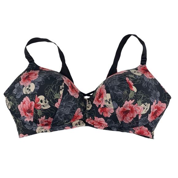 Torrid Curve Bra 360 Back Smoothing Wire Free Push Up Plunge Floral Skull 44DDD - Picture 1 of 10